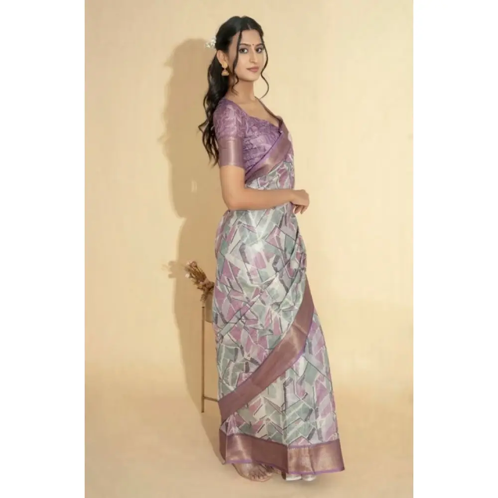Women's Polyester Printed Saree With Unstitched Blouse 5.5 Mtr (Light Purple) - Image 4