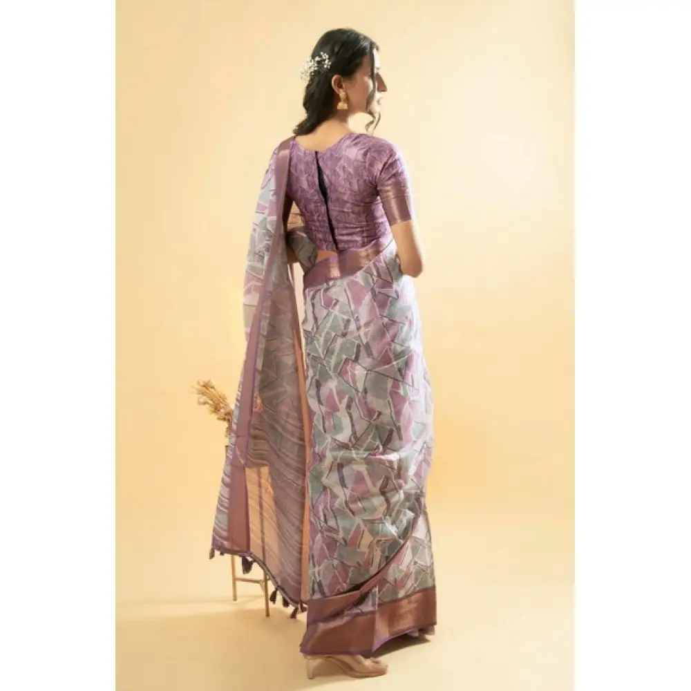 Women's Polyester Printed Saree With Unstitched Blouse 5.5 Mtr (Light Purple) - Image 3