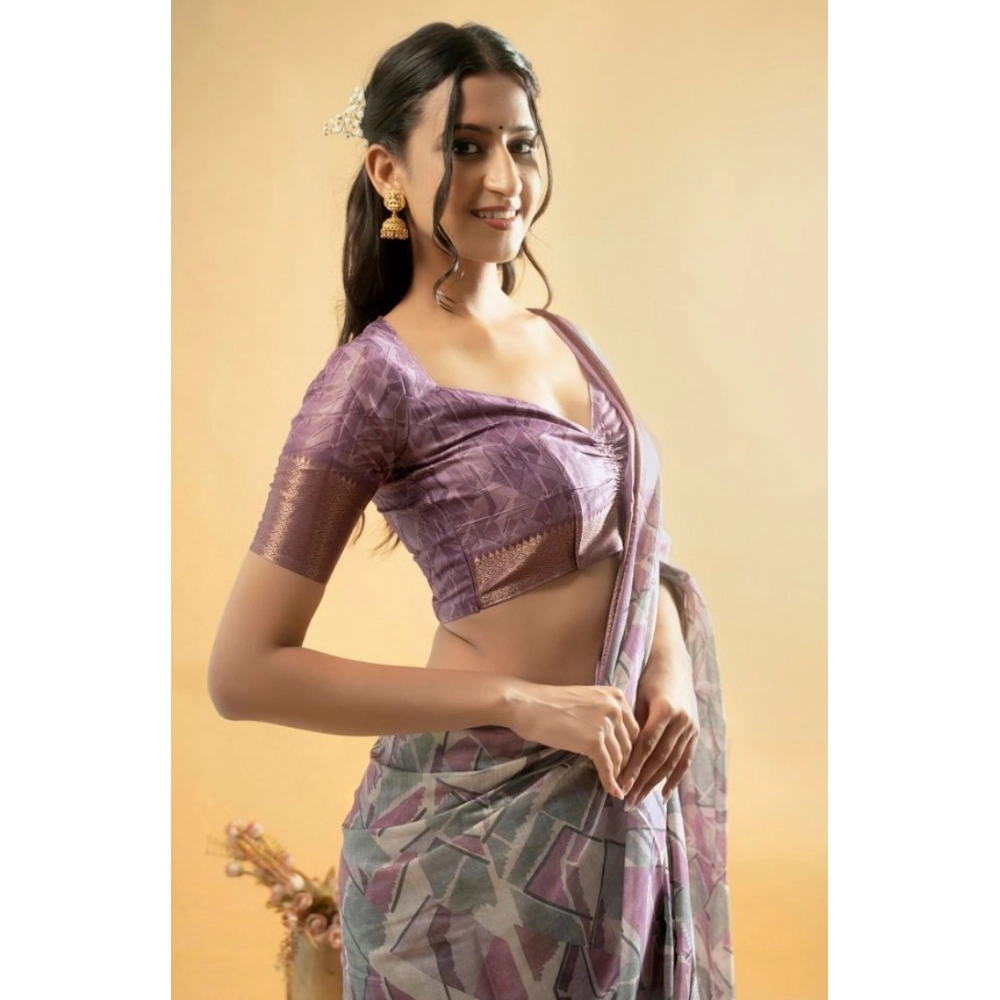 Women's Polyester Printed Saree With Unstitched Blouse 5.5 Mtr (Light Purple) - Image 2