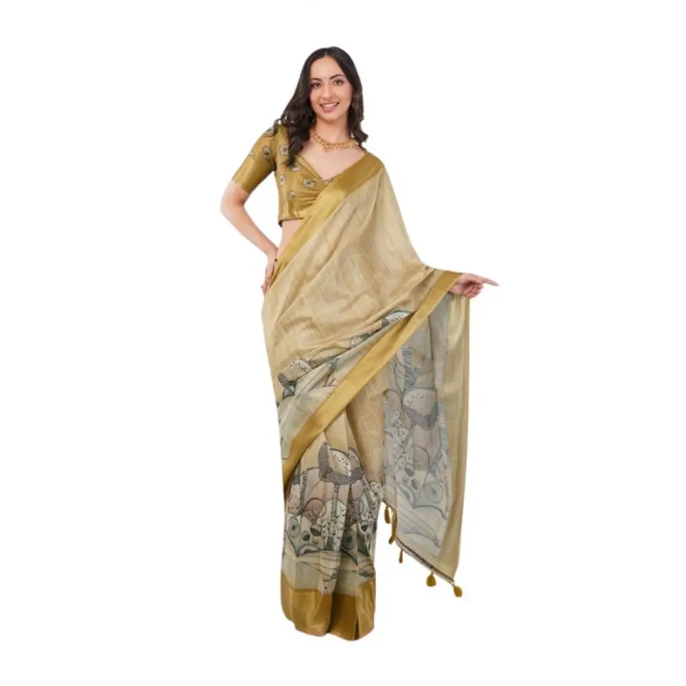 Women's Polyester Printed Ready To Wear Saree With Unstitched Blouse 5.5 Mtr (Gold)
