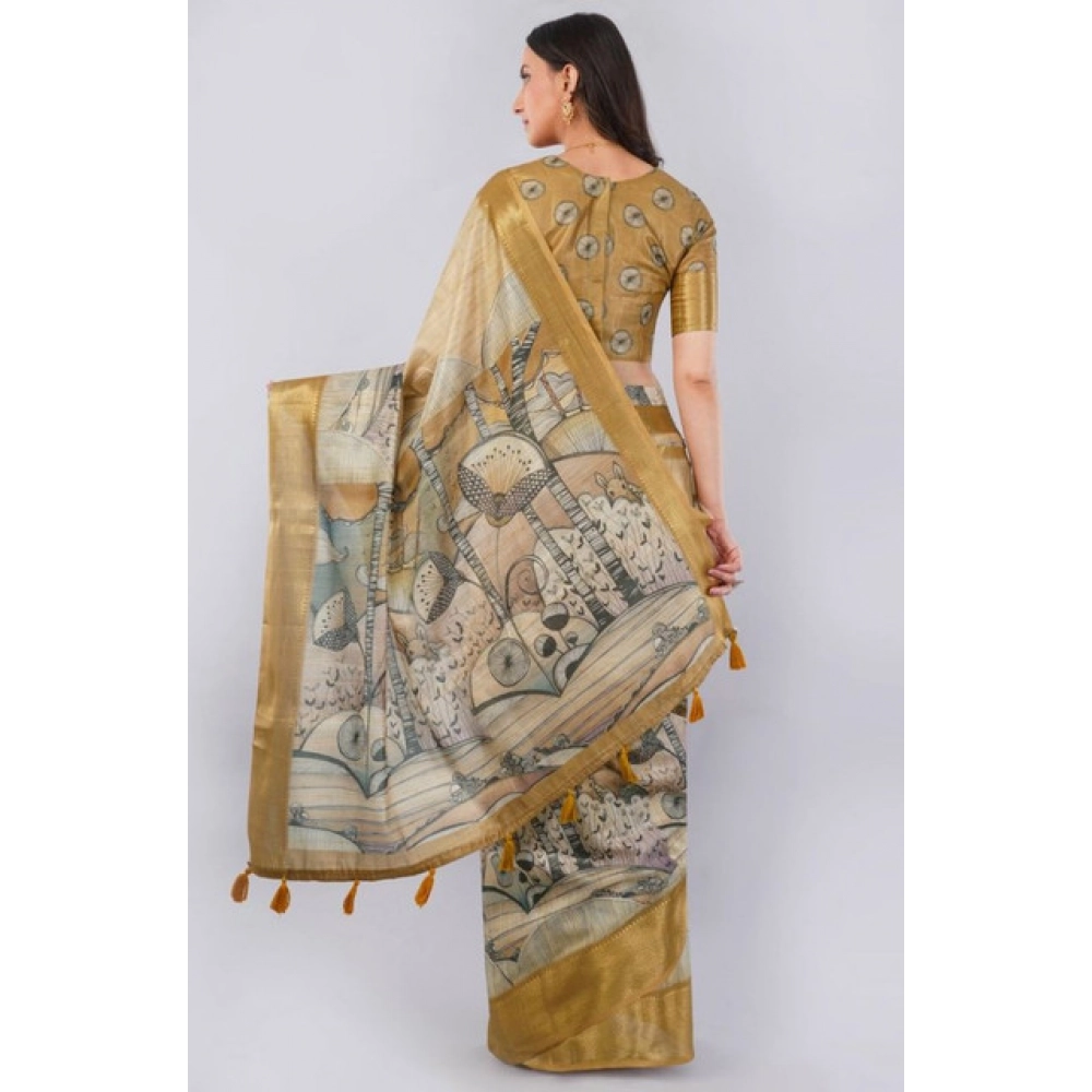 Women's Polyester Printed Ready To Wear Saree With Unstitched Blouse 5.5 Mtr (Gold) - Image 4