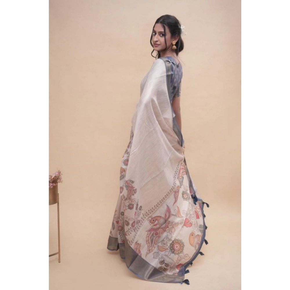Women's Polyester Printed Saree With Unstitched Blouse 5.5 Mtr (Off-White) - Image 4