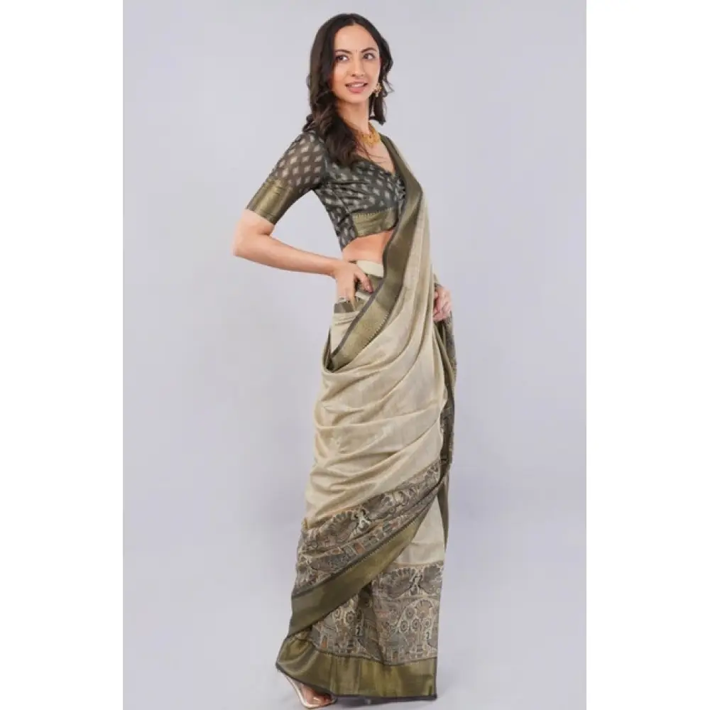 Women's Polyester Printed Ready To Wear Saree With Unstitched Blouse 5.5 Mtr (Beige) - Image 4