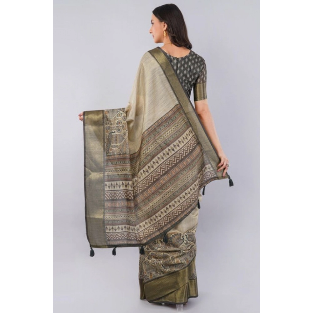 Women's Polyester Printed Ready To Wear Saree With Unstitched Blouse 5.5 Mtr (Beige) - Image 3