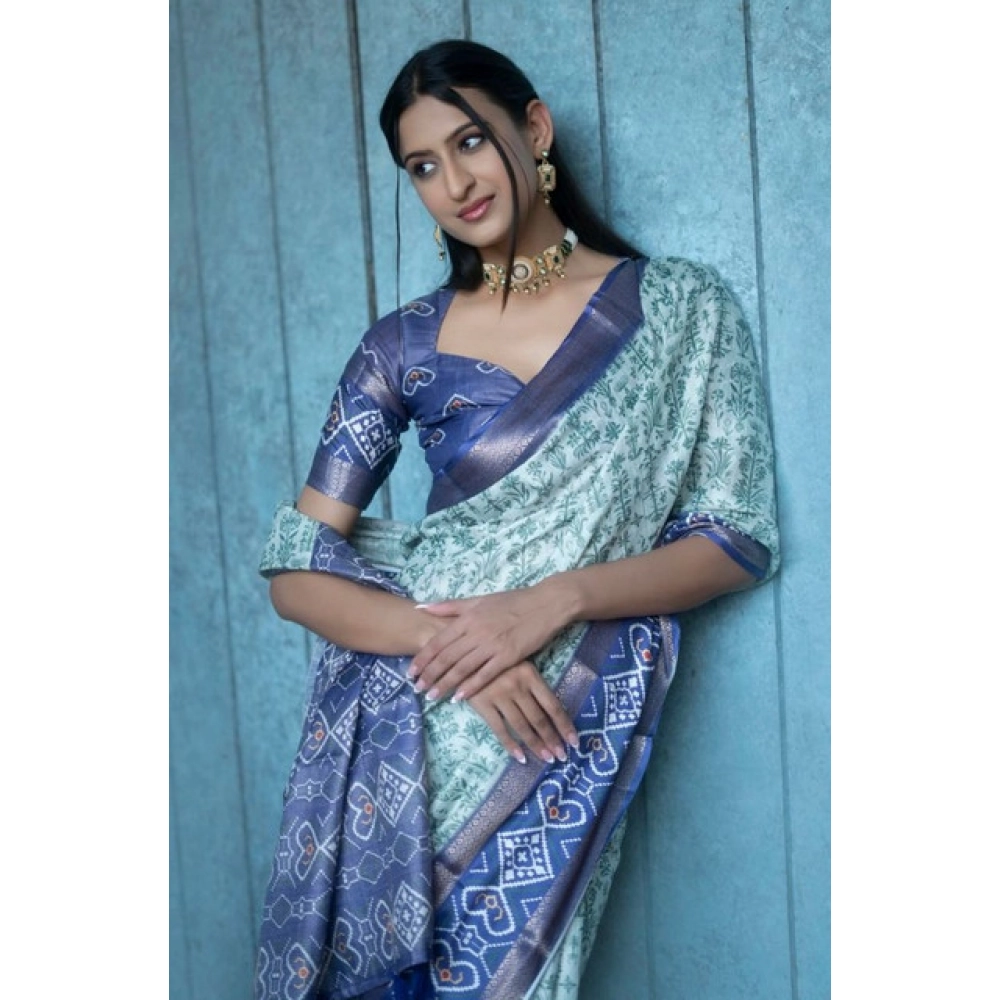 Women's Polyester Printed Saree With Unstitched Blouse 5.5 Mtr (Green) - Image 4