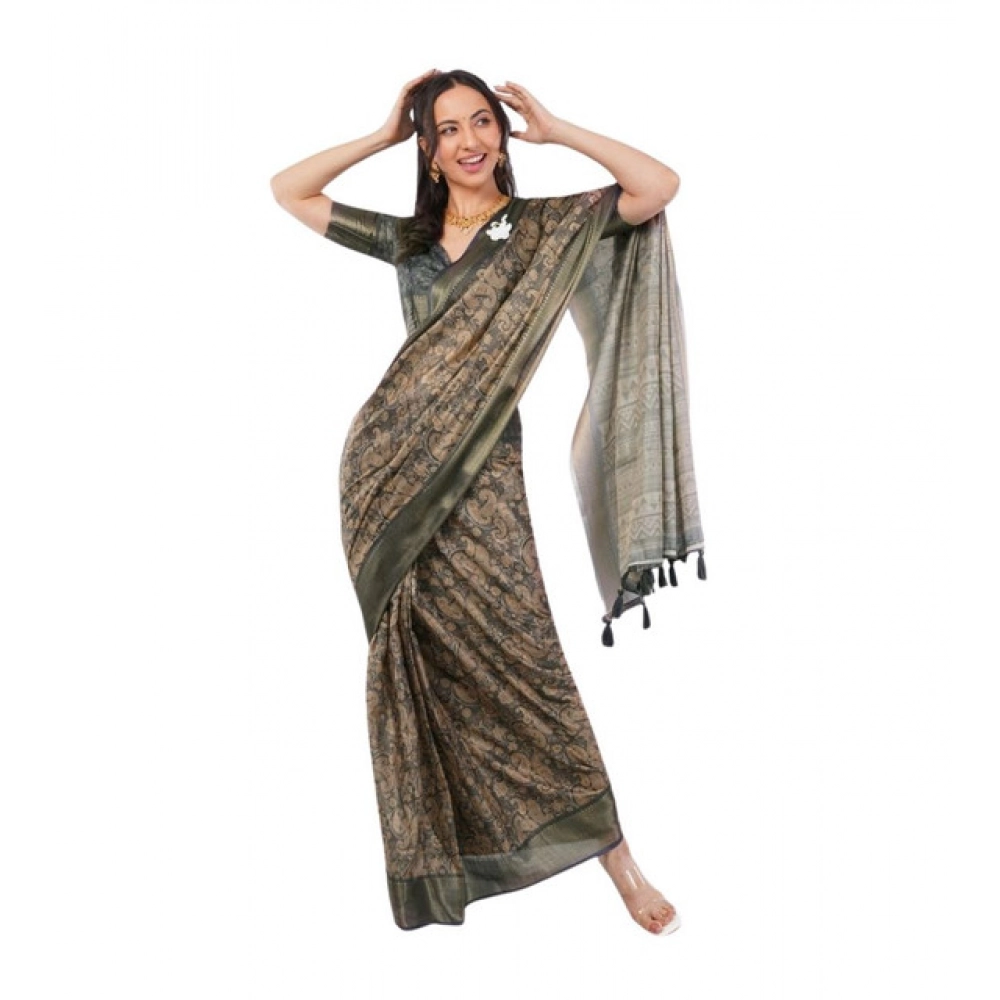 Women's Polyester Printed Ready To Wear Saree With Unstitched Blouse 5.5 Mtr (Grey)