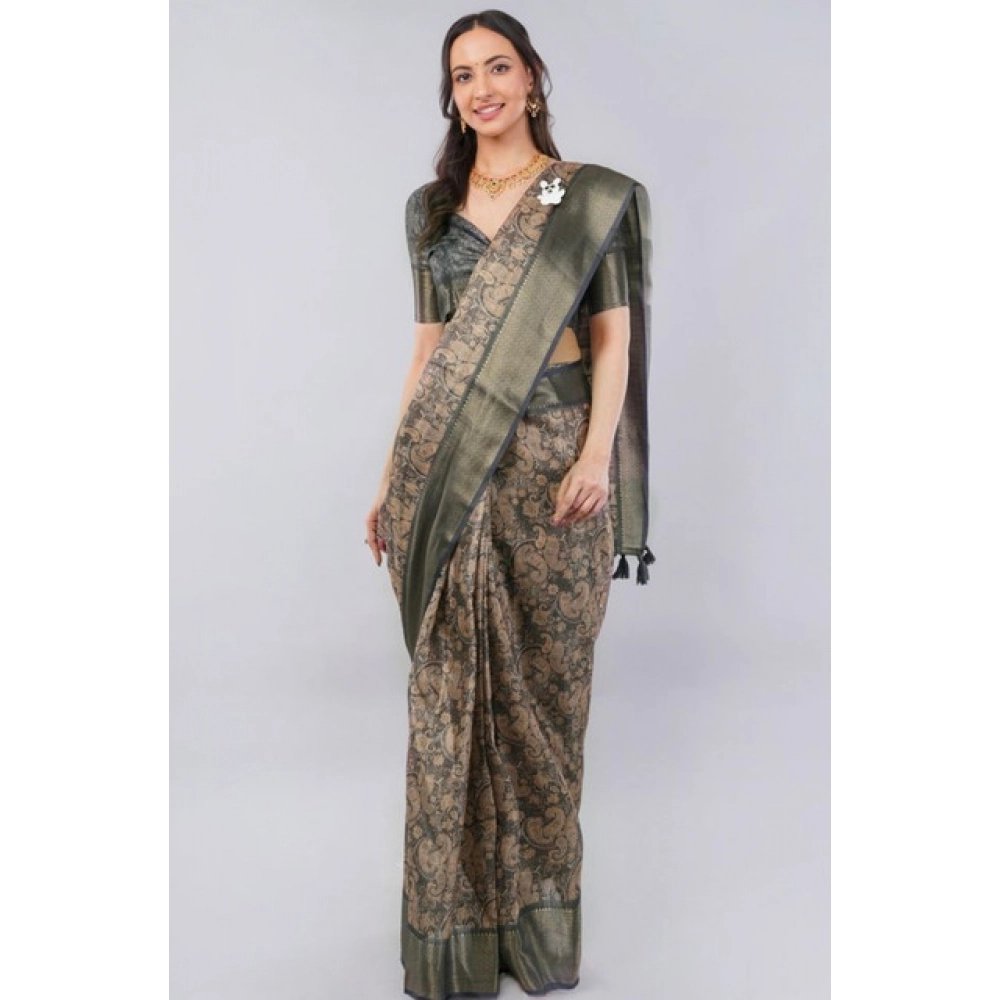 Women's Polyester Printed Ready To Wear Saree With Unstitched Blouse 5.5 Mtr (Grey) - Image 3