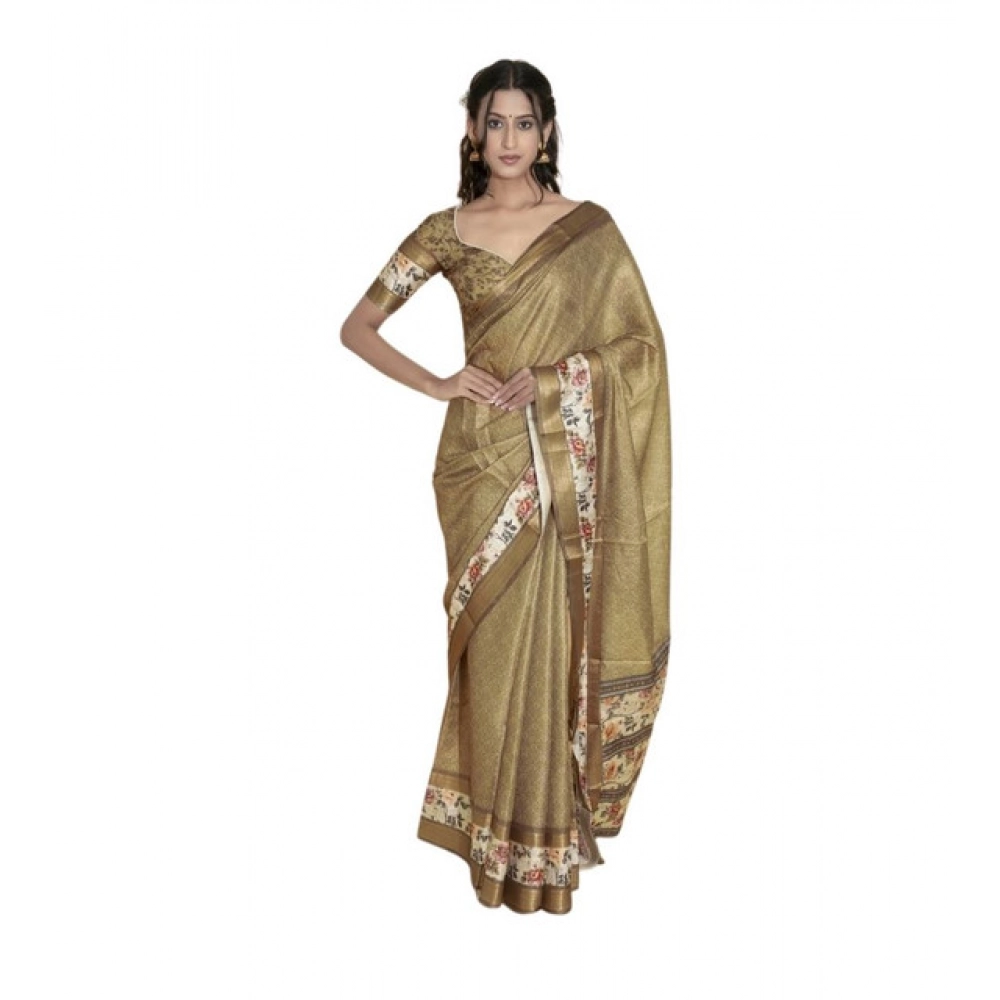 Women's Polyester Printed Saree With Unstitched Blouse 5.5 Mtr (Gold)