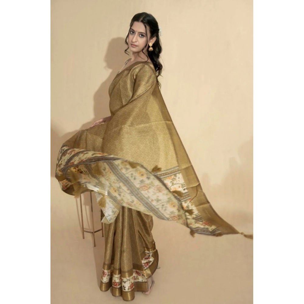 Women's Polyester Printed Saree With Unstitched Blouse 5.5 Mtr (Gold) - Image 4