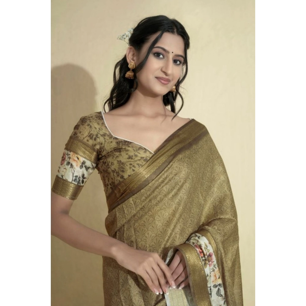 Women's Polyester Printed Saree With Unstitched Blouse 5.5 Mtr (Gold) - Image 2