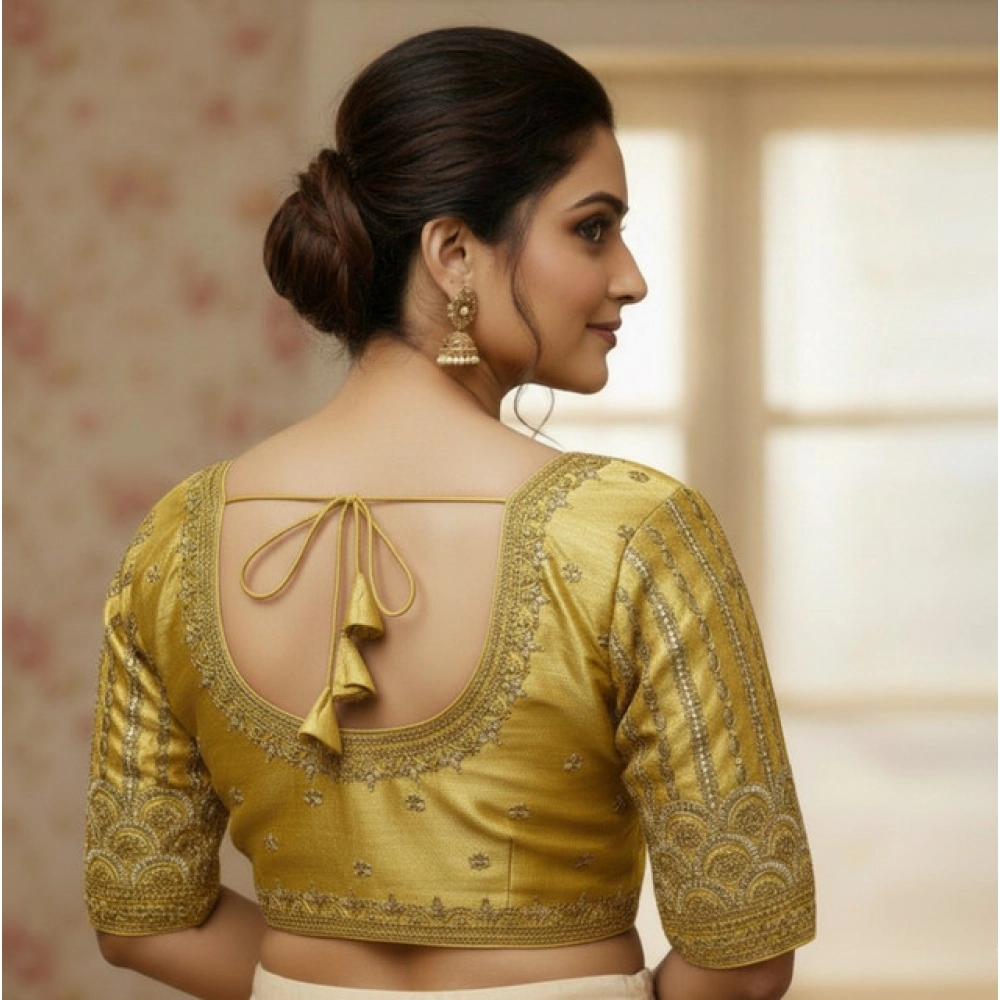 Women's Phantom Silk Embroidered Designer Neck Padded Blouse (Beige 38 Ready (Alterable up to 42) - Image 2