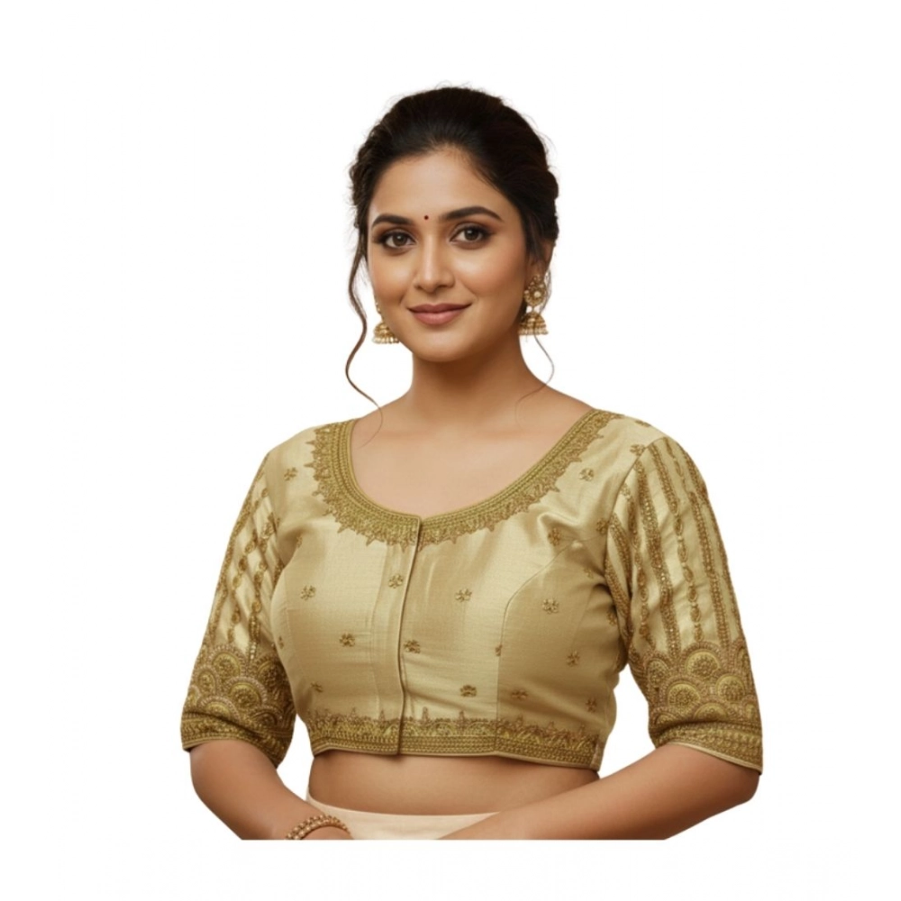 Women's Phantom Silk Embroidered Designer Neck Padded Blouse (Beige 38 Ready (Alterable up to 42)