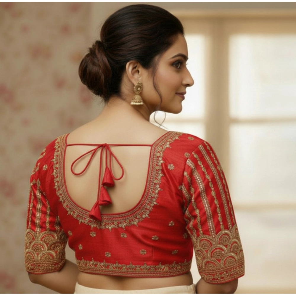 Women's Phantom Silk Embroidered Designer Neck Padded Blouse (Red 38 Ready (Alterable up to 42) - Image 3