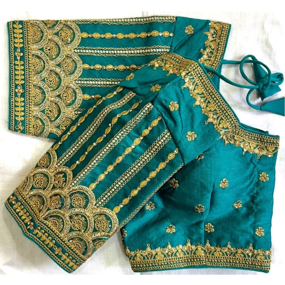 Women's Phantom Silk Embroidered Designer Neck Padded Blouse (Teal 38 Ready (Alterable up to 42) - Image 2