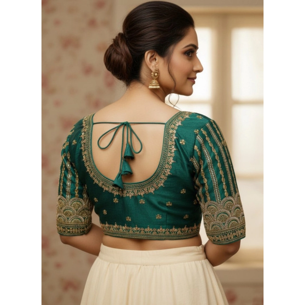 Women's Phantom Silk Embroidered Designer Neck Padded Blouse (Teal 38 Ready (Alterable up to 42) - Image 3