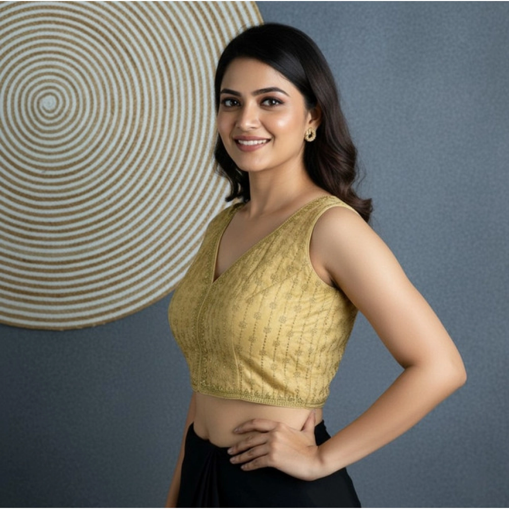 Women's Silk Blend Embroidered V-Neck Non Padded Blouse (Beige 38 Ready (Alterable up to 42) - Image 2