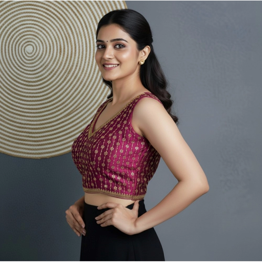 Women's Silk Blend Embroidered V-Neck Non Padded Blouse (Dark Wine 38 Ready (Alterable up to 42) - Image 2