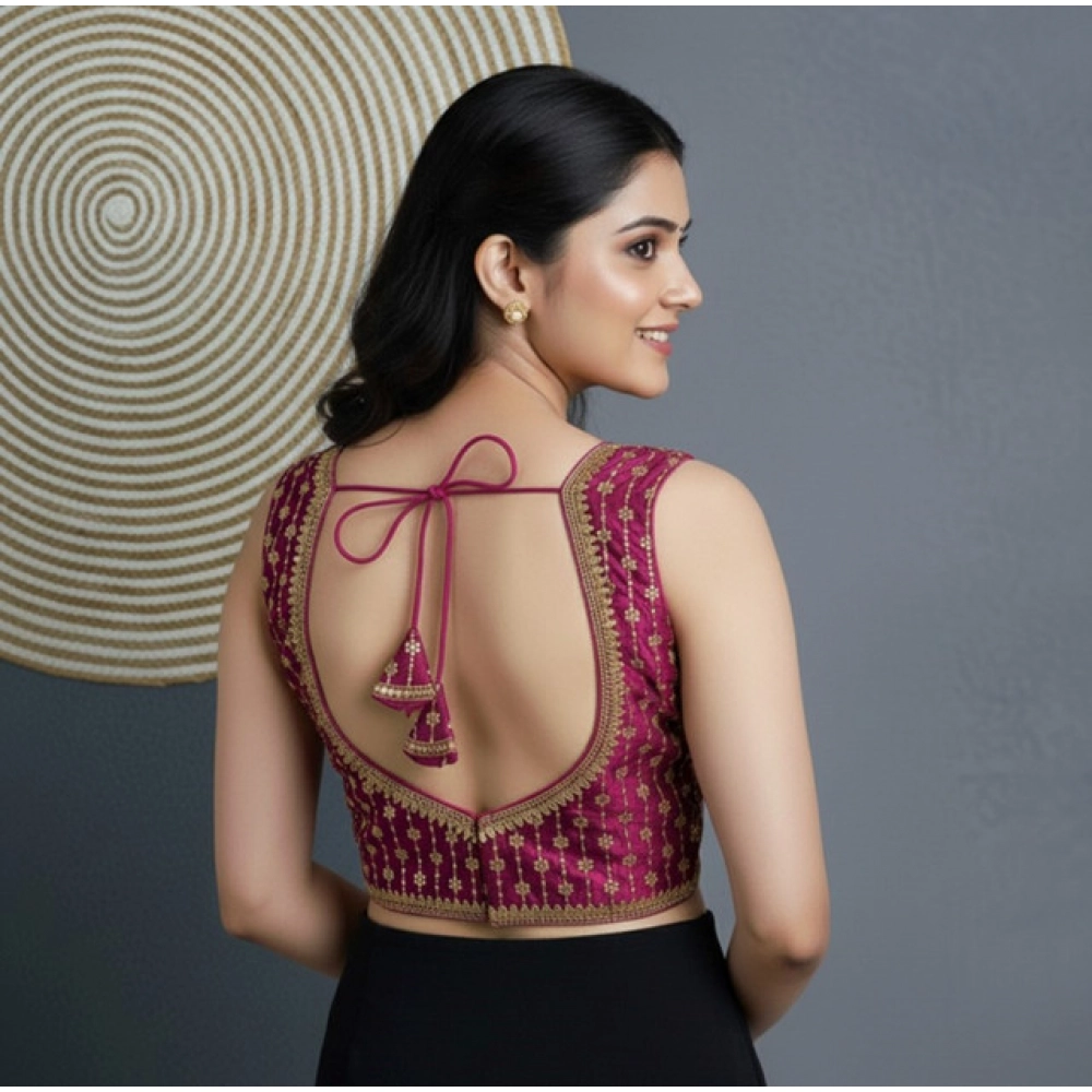 Women's Silk Blend Embroidered V-Neck Non Padded Blouse (Dark Wine 38 Ready (Alterable up to 42) - Image 3