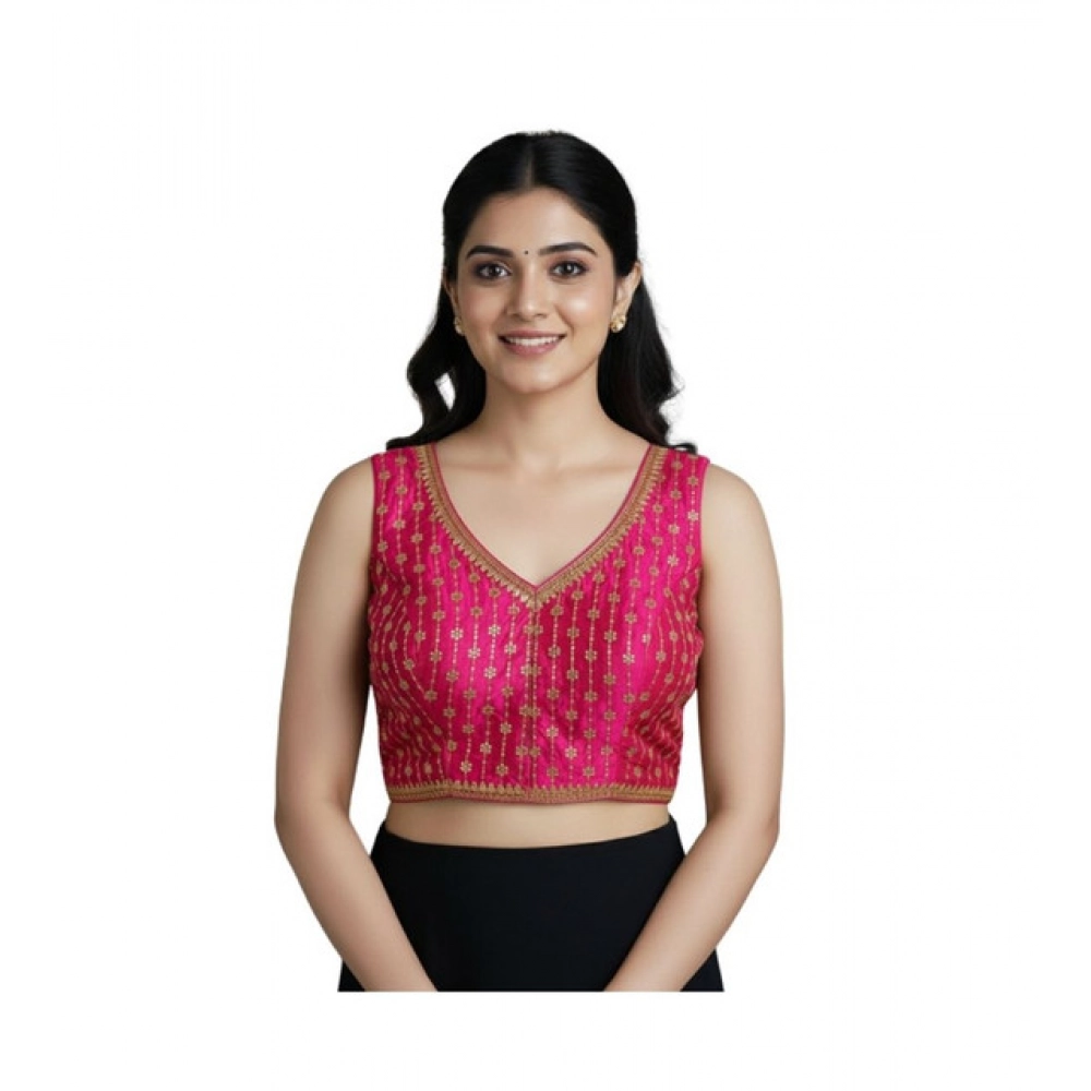 Women's Silk Blend Embroidered V-Neck Non Padded Blouse (Pink 38 Ready (Alterable up to 42)