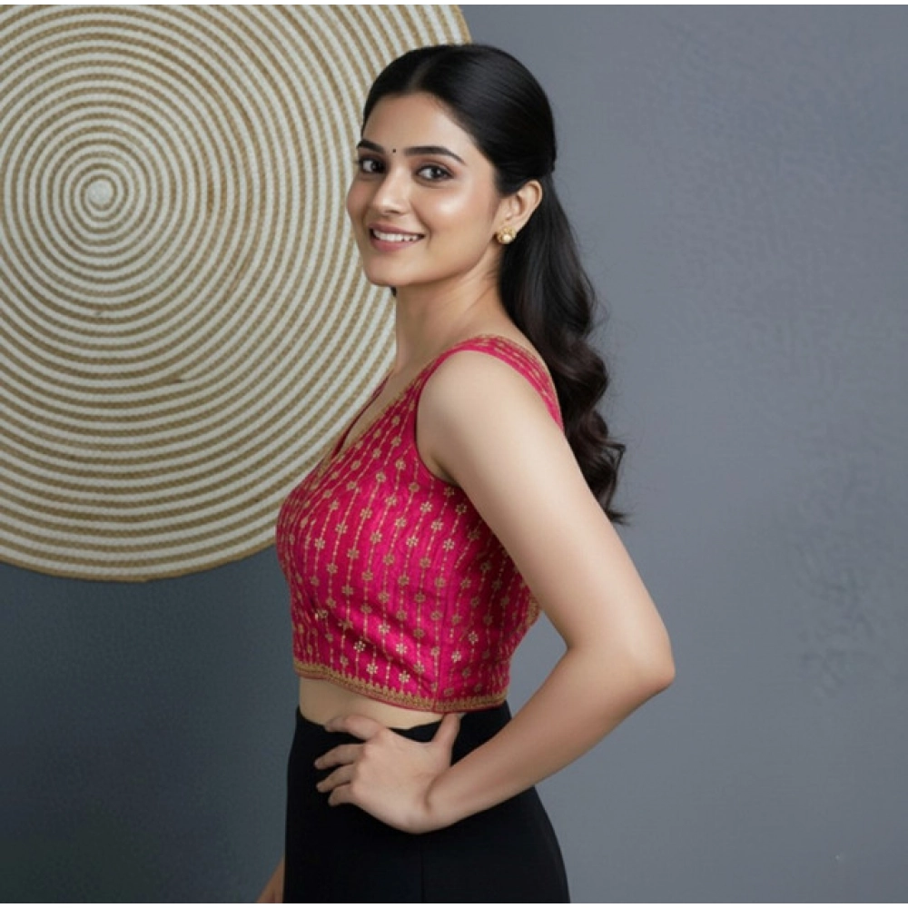 Women's Silk Blend Embroidered V-Neck Non Padded Blouse (Pink 38 Ready (Alterable up to 42) - Image 3