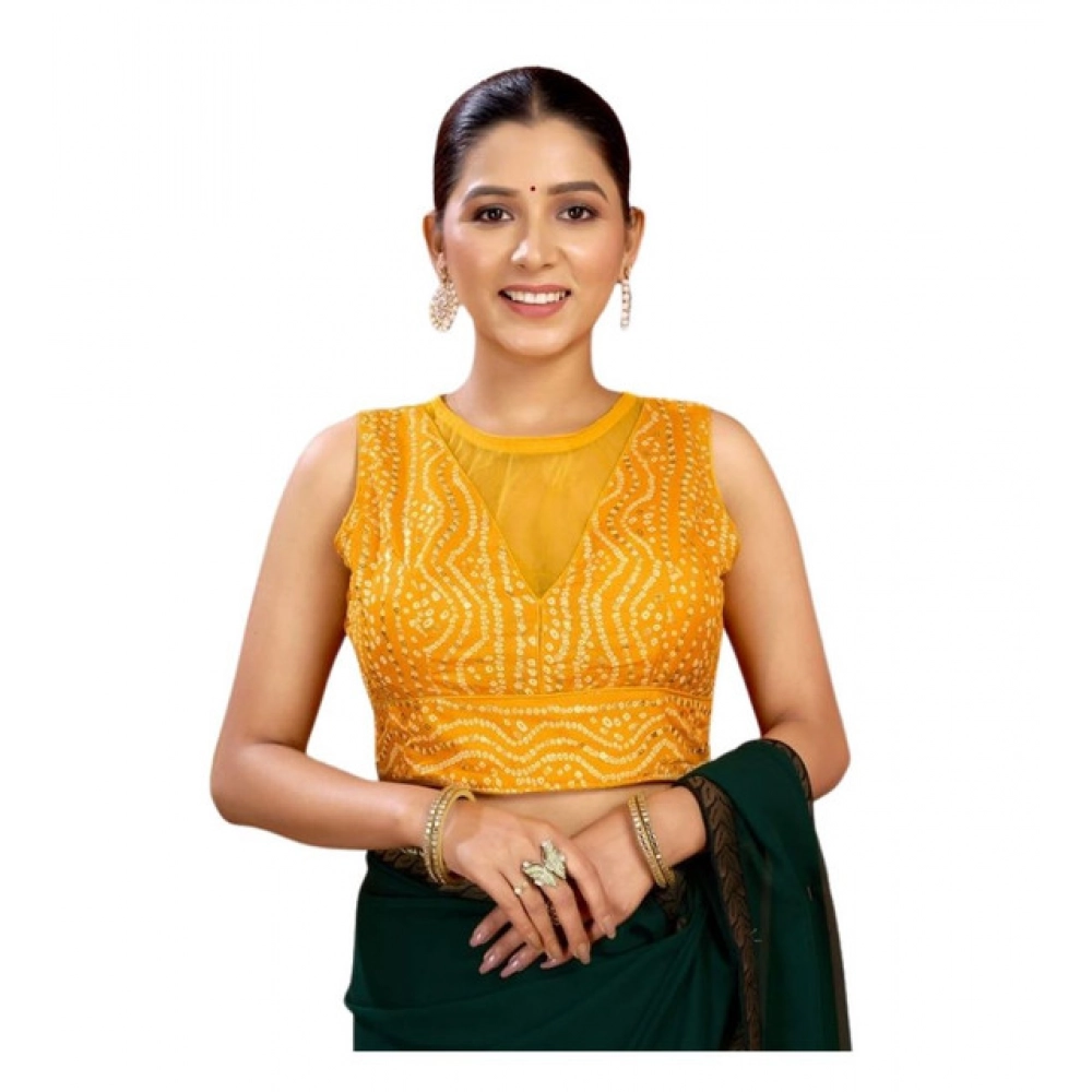 Women's Rayon Cotton Bandhani Printed Halter Neck Non Padded Blouse (Mustard 38 Ready (Alterable up to 42)