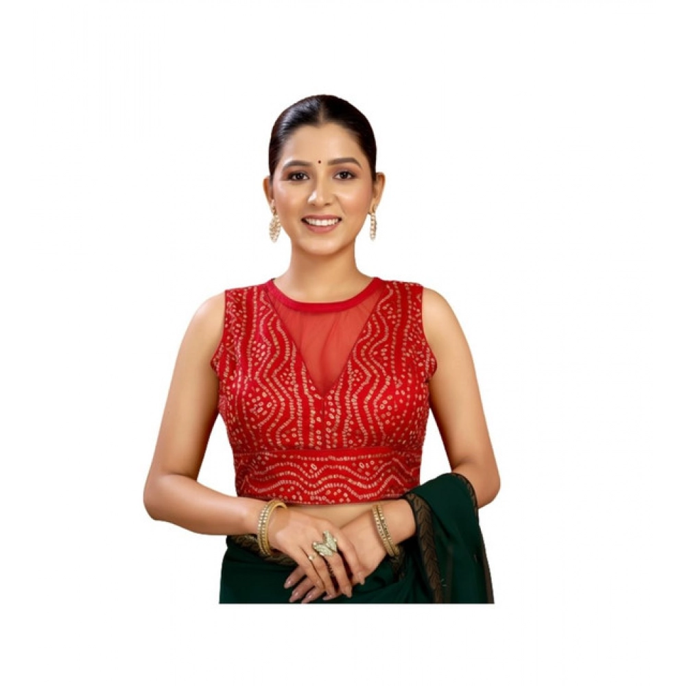 Women's Rayon Cotton Bandhani Printed Halter Neck Non Padded Blouse (Red 38 Ready (Alterable up to 42)