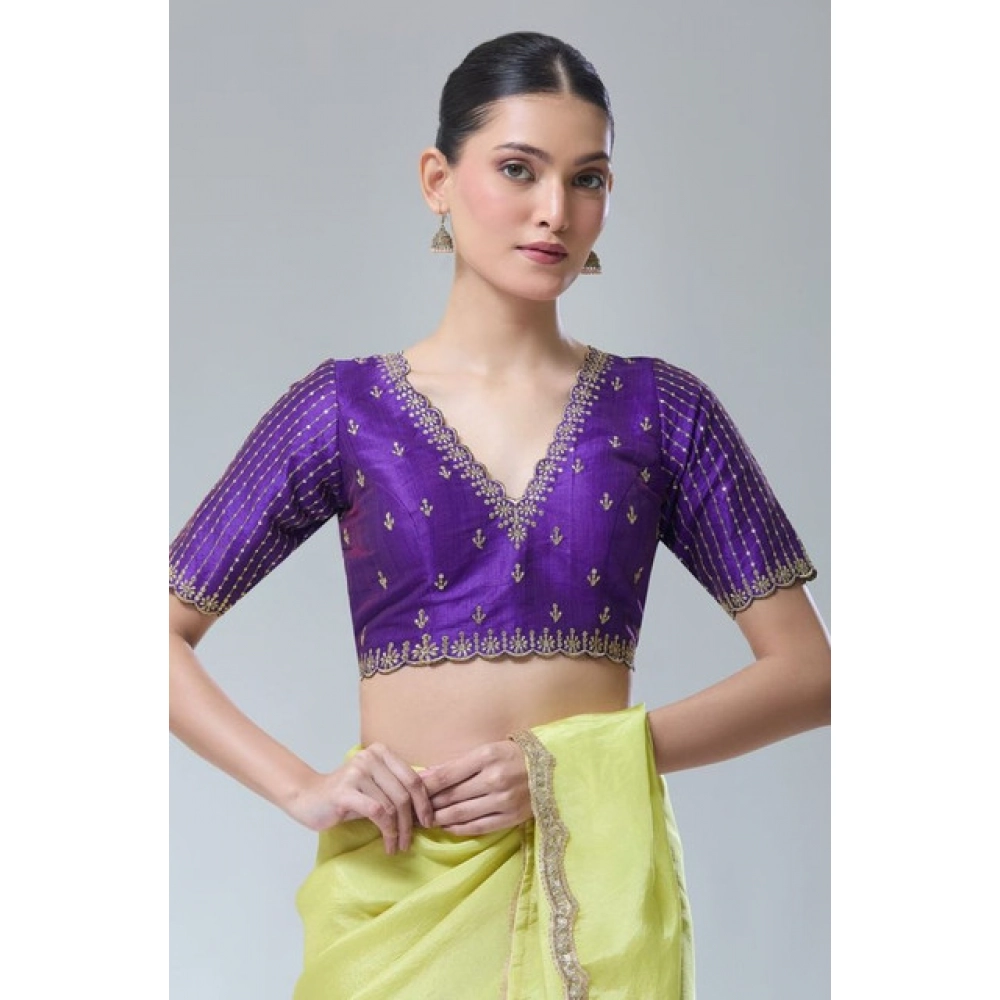 Women's Banarasi Silk Sequence V Neck Non Padded Blouse (Purple 38 Ready (Alterable up to 42)