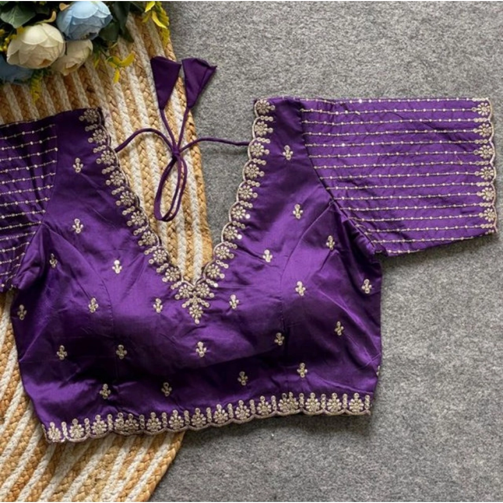 Women's Banarasi Silk Sequence V Neck Non Padded Blouse (Purple 38 Ready (Alterable up to 42) - Image 2