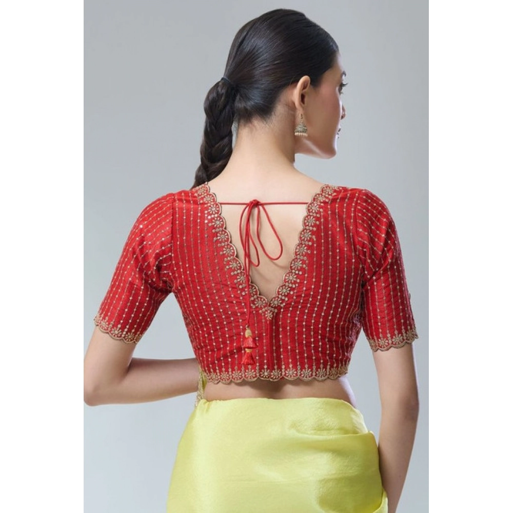 Women's Banarasi Silk Sequence V Neck Non Padded Blouse (Red 38 Ready (Alterable up to 42) - Image 3