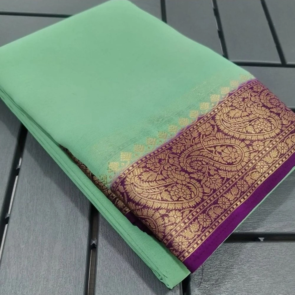 Women's Crepe Chit Pallu Solid Saree With Unstitched Blouse 5.5Mtr (Light Green)