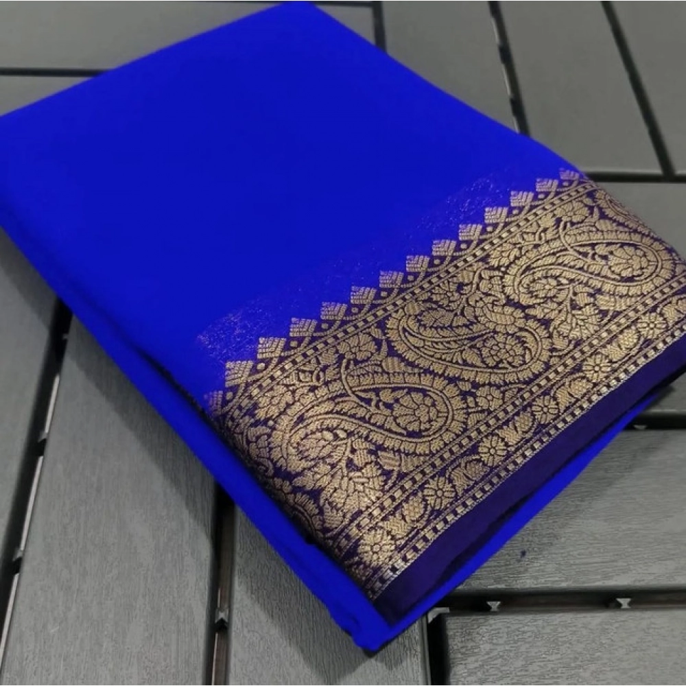 Women's Crepe Chit Pallu Solid Saree With Unstitched Blouse 5.5Mtr (Navy Blue)