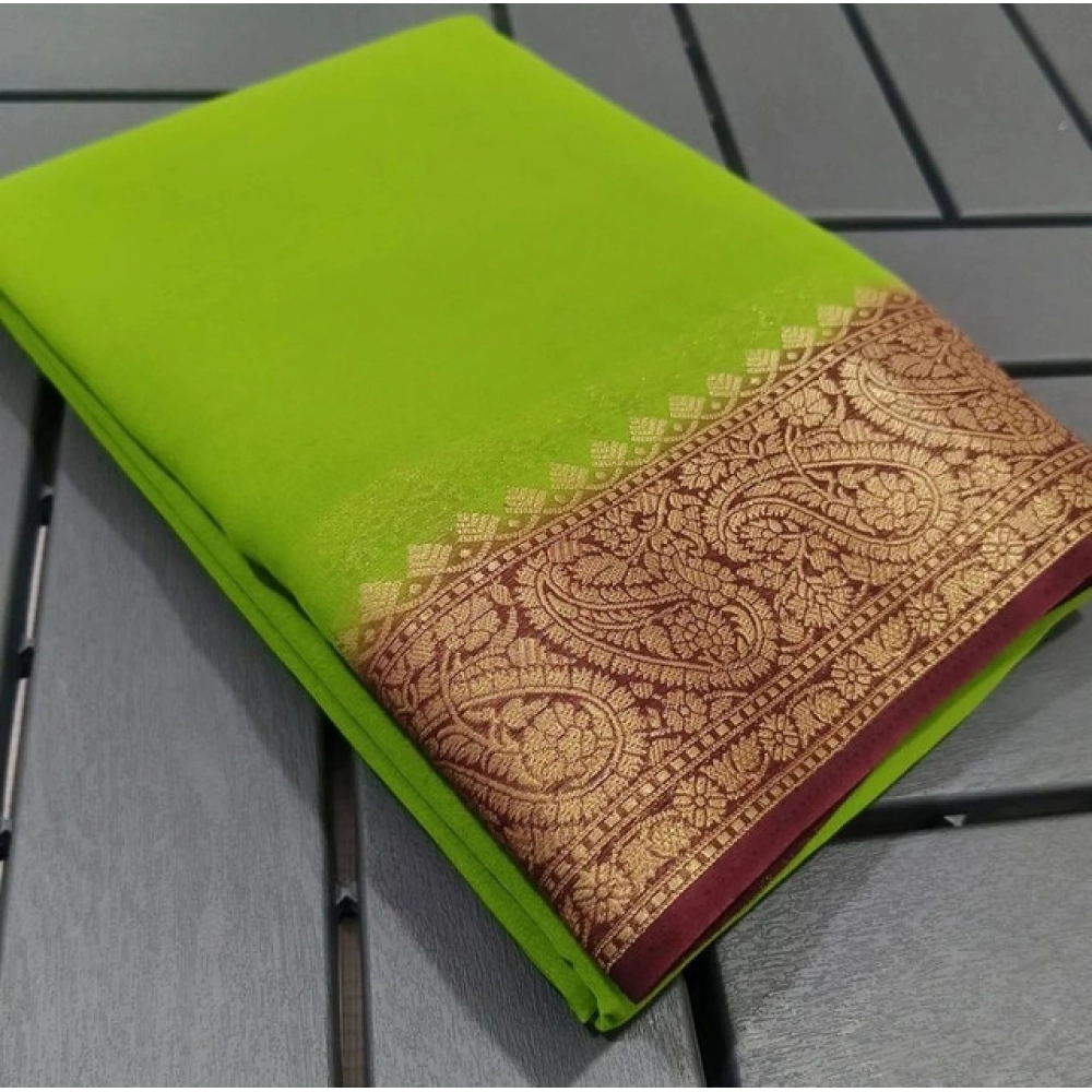 Women's Crepe Chit Pallu Solid Saree With Unstitched Blouse 5.5Mtr (Green)