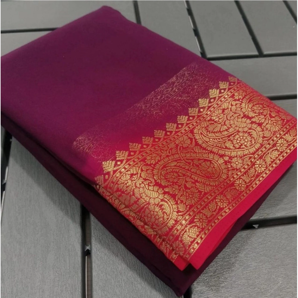 Women's Crepe Chit Pallu Solid Saree With Unstitched Blouse 5.5Mtr (Pink)
