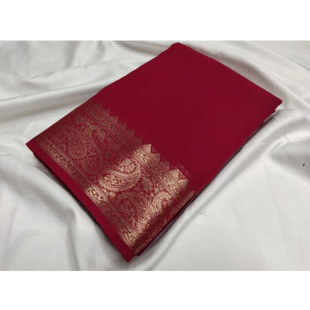 Women's Crepe Chit Pallu Solid Saree With Unstitched Blouse 5.5Mtr (Maroon)
