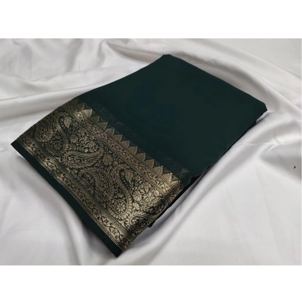 Women's Crepe Chit Pallu Solid Saree With Unstitched Blouse 5.5Mtr (Bottle Green)