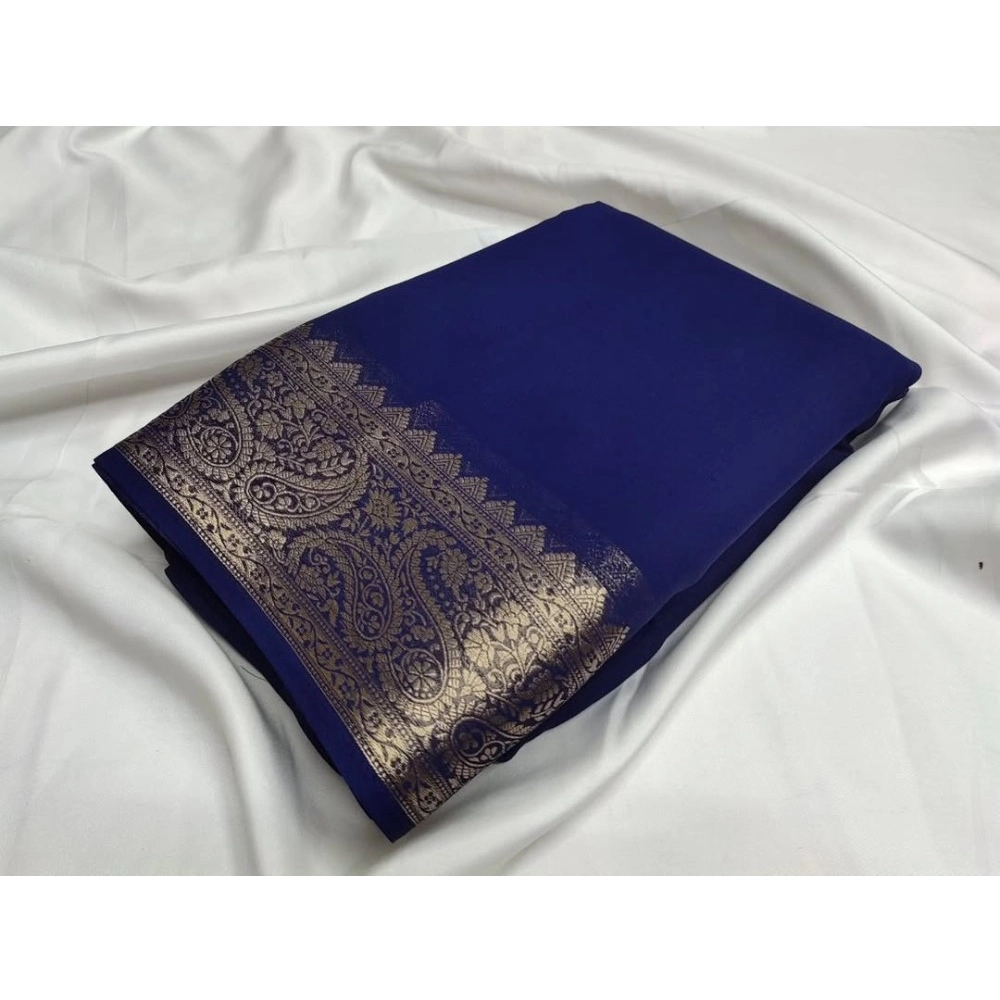 Women's Crepe Chit Pallu Solid Saree With Unstitched Blouse 5.5Mtr (Blue)