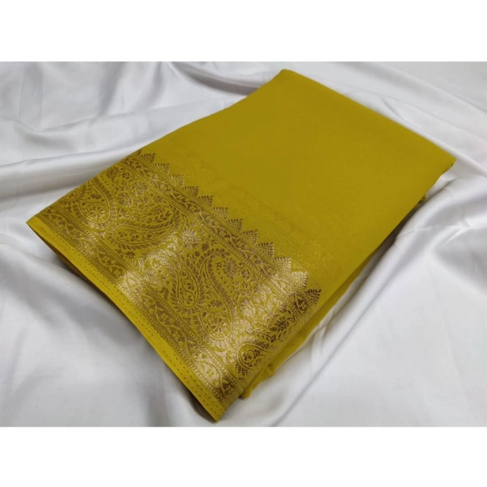 Women's Crepe Chit Pallu Solid Saree With Unstitched Blouse 5.5Mtr (Mustard Yellow)