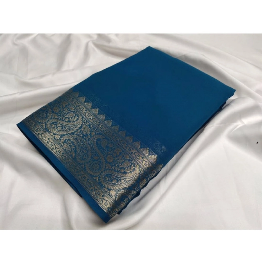 Women's Crepe Chit Pallu Solid Saree With Unstitched Blouse 5.5Mtr (Sea-Green)