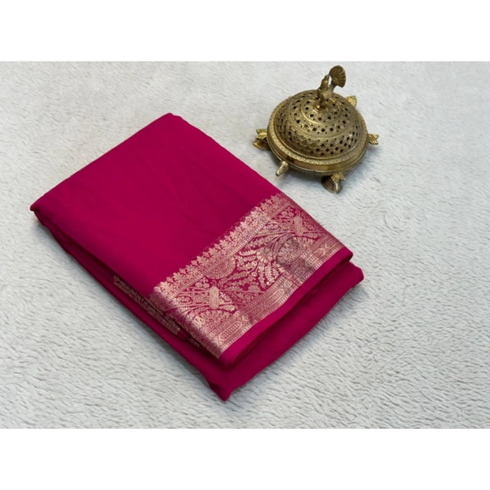 Women's Crepe Chit Pallu Solid Saree With Unstitched Blouse 5.5Mtr (Pink)