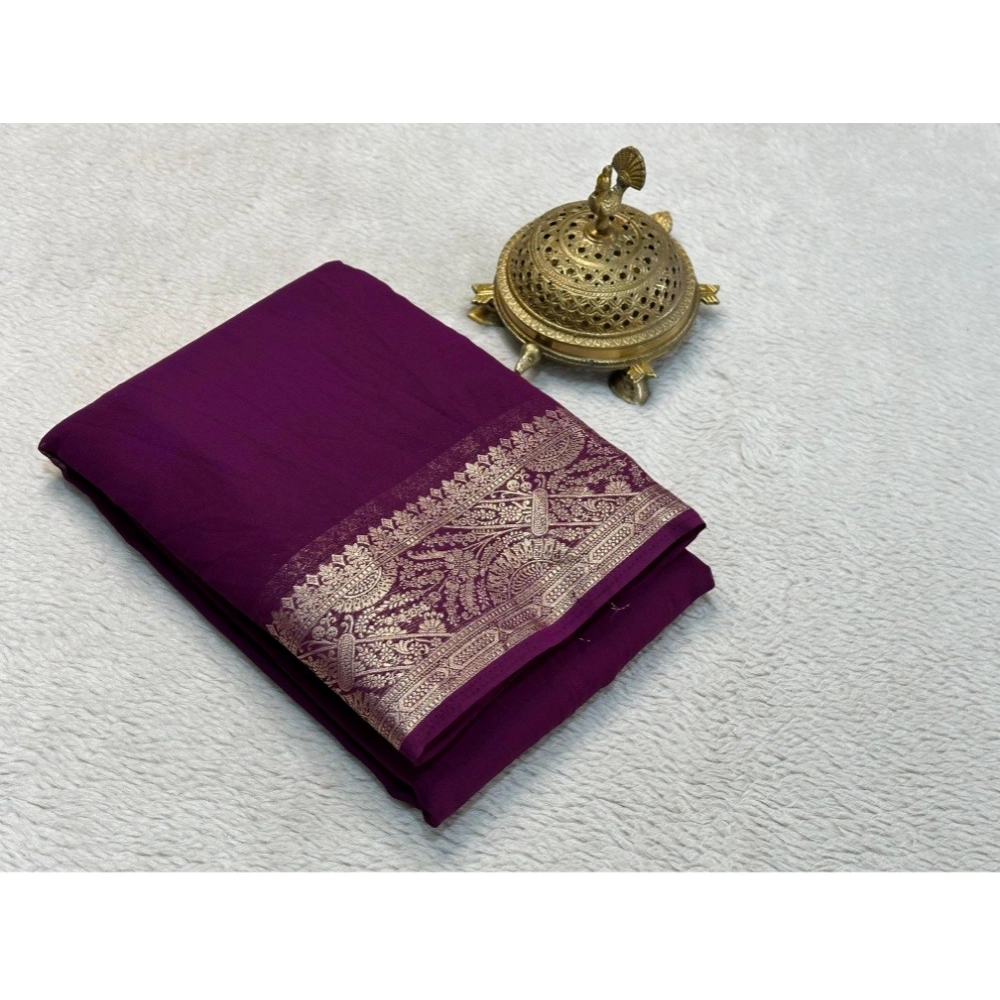 Women's Crepe Chit Pallu Solid Saree With Unstitched Blouse 5.5Mtr (Purple)