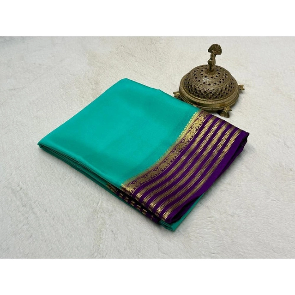 Women's Crepe Chit Pallu Solid Saree With Unstitched Blouse 5.5Mtr (Sky Blue)