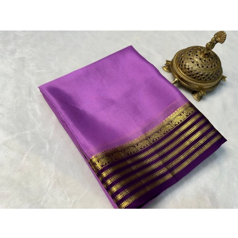 Women's Crepe Chit Pallu Solid Saree With Unstitched Blouse 5.5Mtr (Dark Purple)