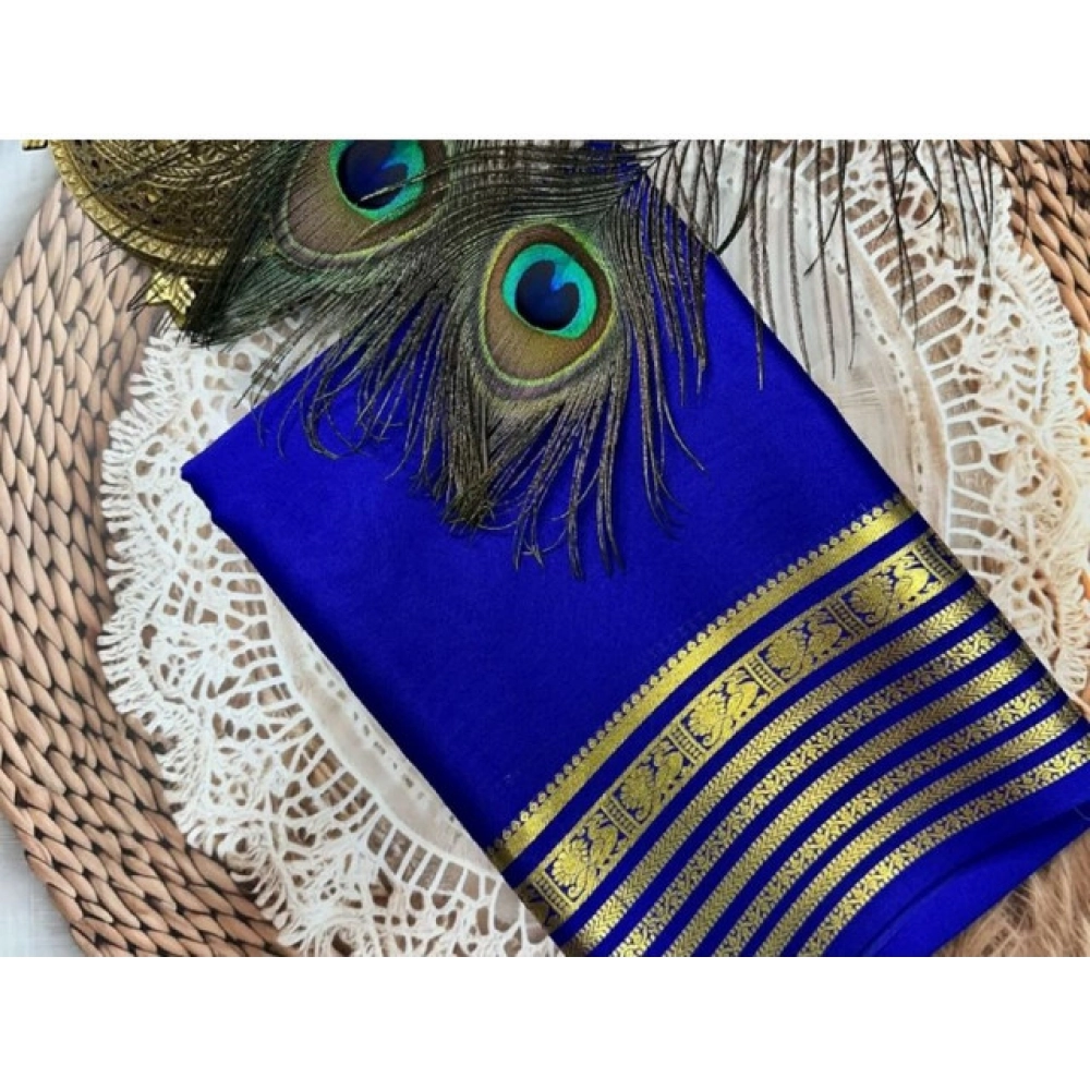 Women's Crepe Chit Pallu Solid Saree With Unstitched Blouse 5.5Mtr (Blue)