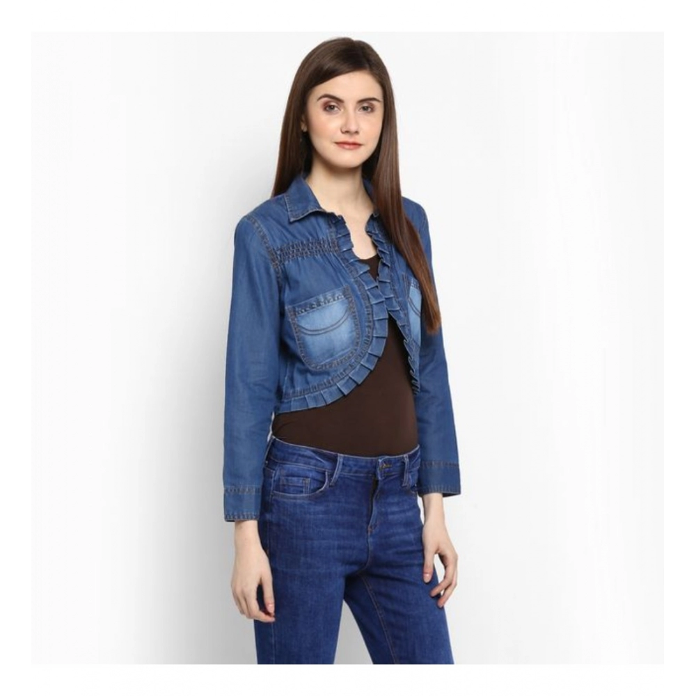 Women's Denim Pleated 3-4th Sleeves Shrug (Blue) - Image 4