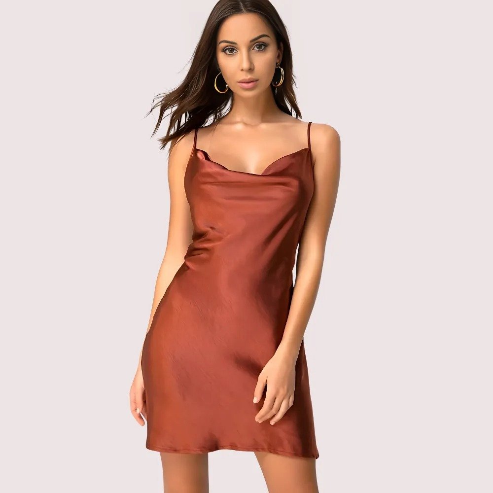 Elegant Dark Rust Satin Slip Dress
