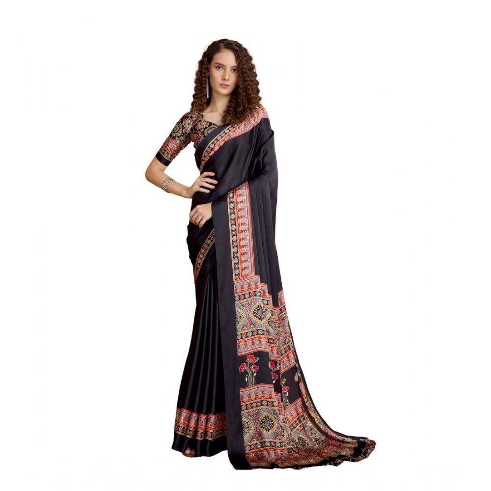 Women's Satin Crepe Printed Saree With Unstitched Blouse 5.5Mtr (Black)