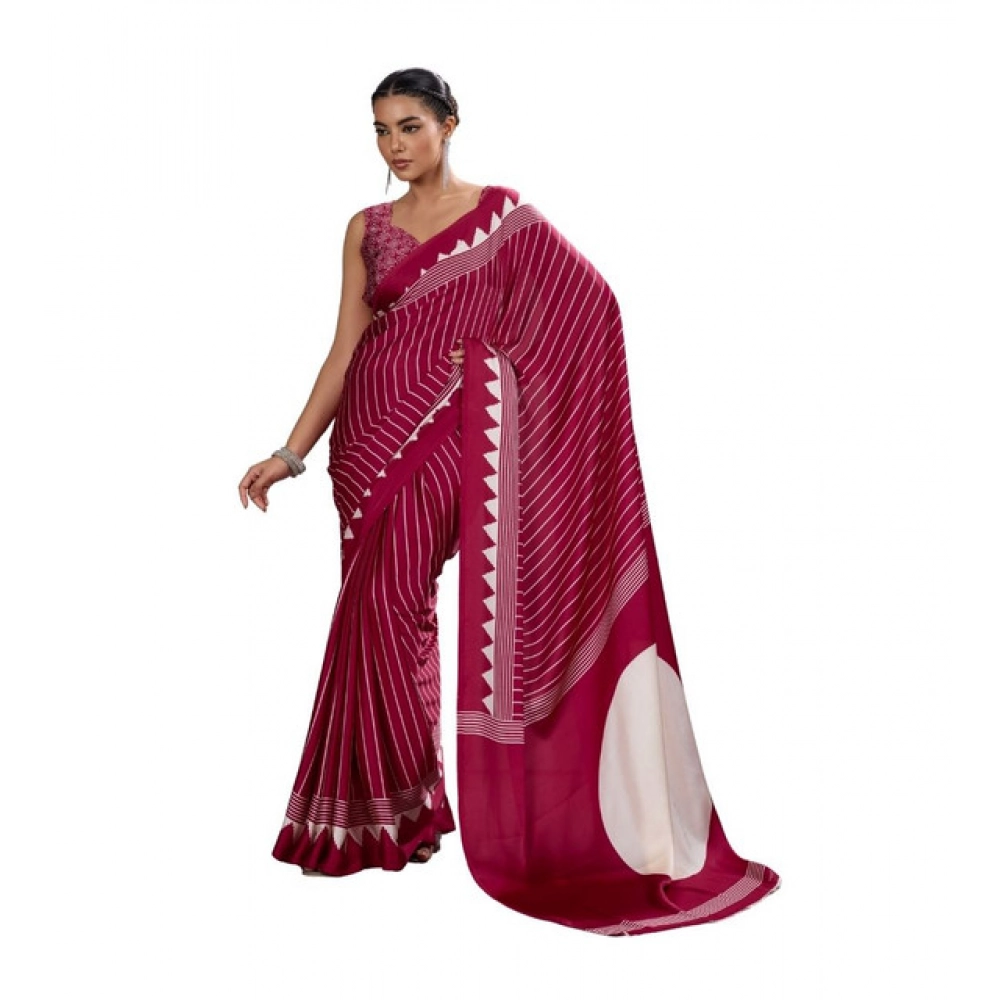 Women's Satin Crepe Printed Saree With Unstitched Blouse 5.5Mtr (Maroon)