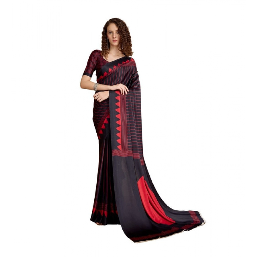 Women's Satin Crepe Printed Saree With Unstitched Blouse 5.5Mtr (Black)