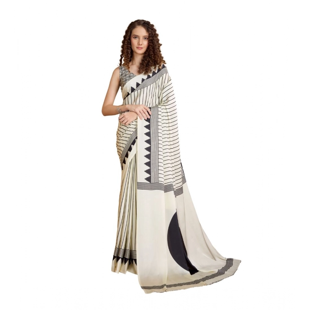 Women's Satin Crepe Printed Saree With Unstitched Blouse 5.5Mtr (White)