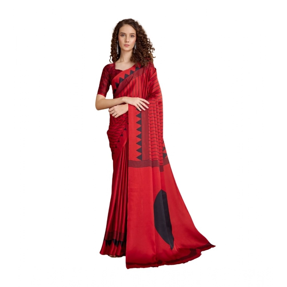 Women's Satin Crepe Printed Saree With Unstitched Blouse 5.5Mtr (Red)